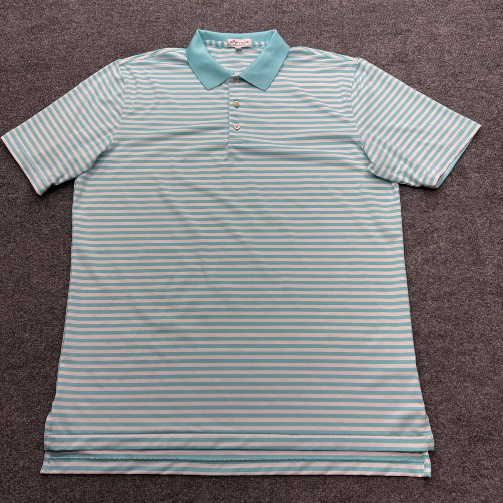 Peter Millar Summer Comfort Mens Large Aqua Blue White Striped Performance Polo